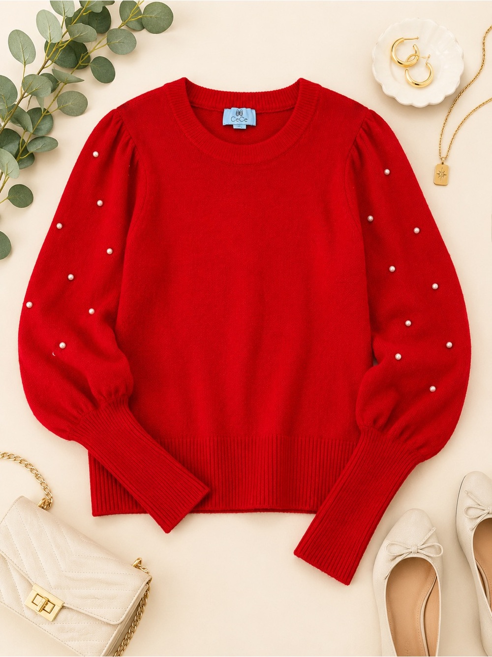 CeCe Red Pearl Embellished Puff Sleeve Sweater Statement Knit